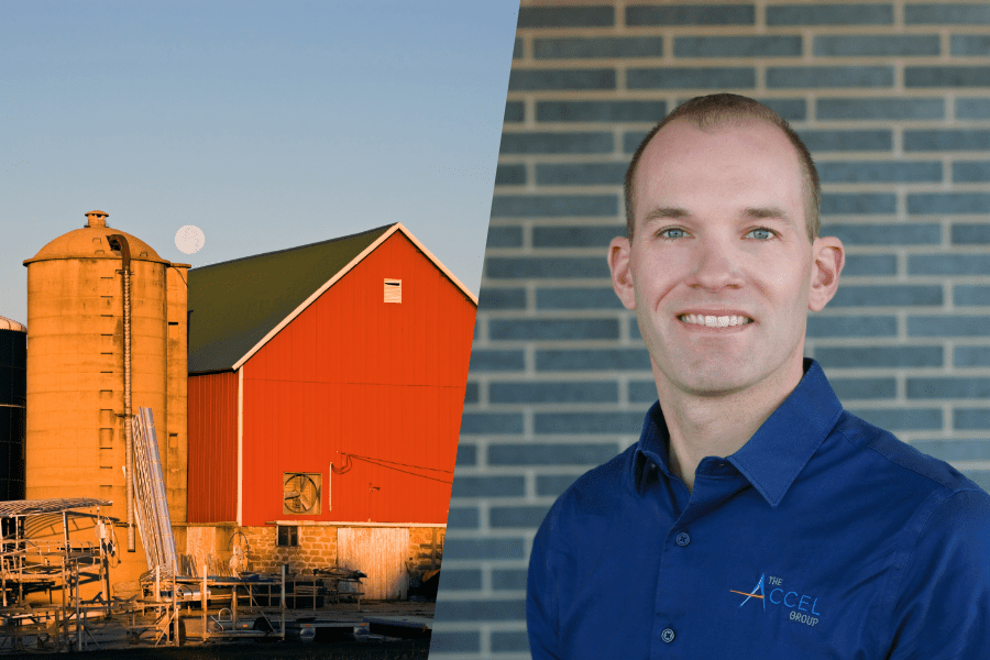 A photo of a barn next to a photo of Andrew Westendorf, AgriBusiness Solutions Advisor