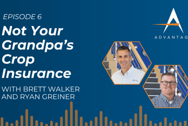 Text: Episode 6 of The Accel Advantage Podcast - Not Your Grandpa's Crop Insurance with Brett Walker and Ryan Greiner. Image also shows gradient background and headshots of Ryan and Brett.